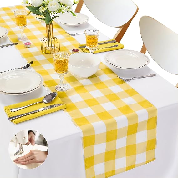Cupuamon Fabric Checkered Table Runner 12 Pack Waterproof Gingham Table Runner 14W x 108L Buffalo Check Table Runners for Parties Kitchen Dining Wedding Banquet (Yellow and White)