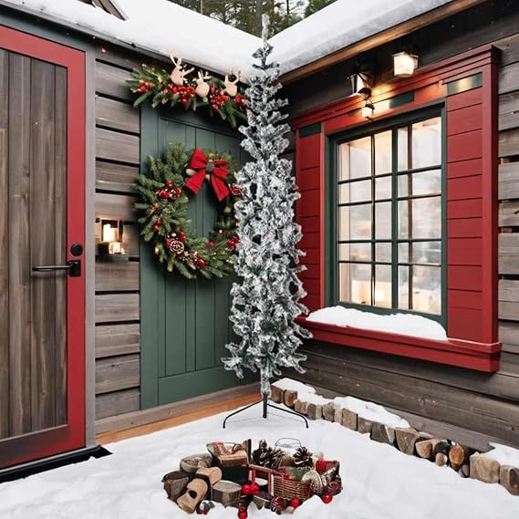 Gecheer Slim Artificial Half Christmas Tree with Flocked Snow 240 cm C/Metal Holder, Fast Mounting System, for Home Party Christmas Decoration Model YJXZJ-344608US