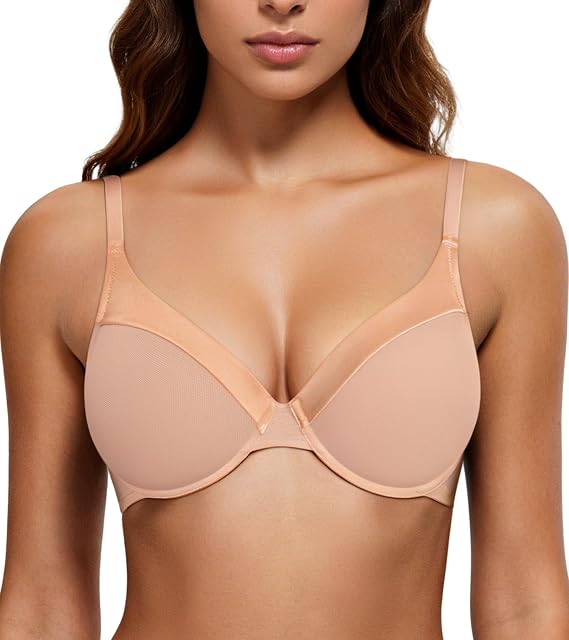 Mirry Women's Sheer Mesh Lace Bra Unlined Plunge Demi Bras Non Padded Everyday Underwire Bralette