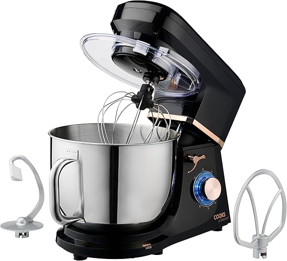 Cooks Professional Stand Mixer 1200W with 6 Speeds & Pulse, 7L S-Steel Mixing Bowl, Splash Guard, Whisk, Beater & Dough Hook | Electric Kitchen Mixer for Cakes, Bread, Baking | Black & Rose Gold