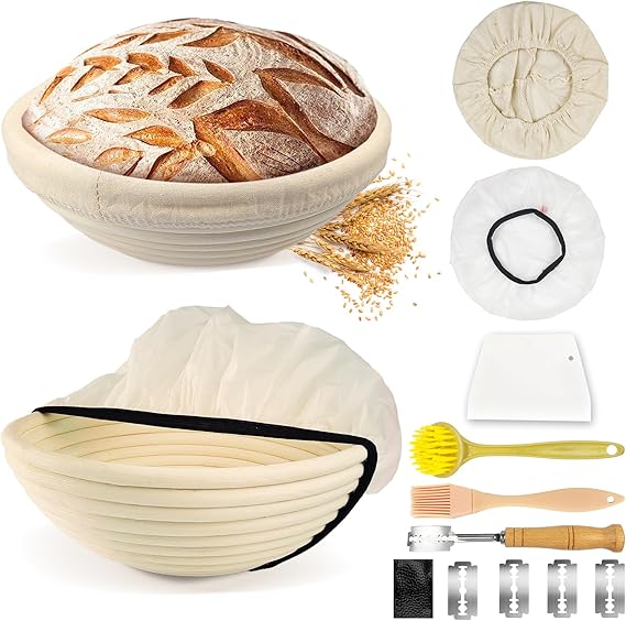 Mispudin Banneton Proofing Basket Set, Sourdough Proving Basket Round, Bread Proofing Basket 23cm/9" with Bread Lame, Bowl Cover, Dough
