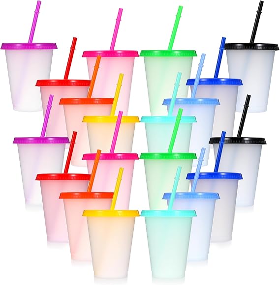 20 Pack Reusable Plastic Tumblers with Lids and Straws, 16 oz Colorful Party Cups Bulk for Iced Coffee, Cold Drinks, Travel, Glitter Drinkware 10 Colors