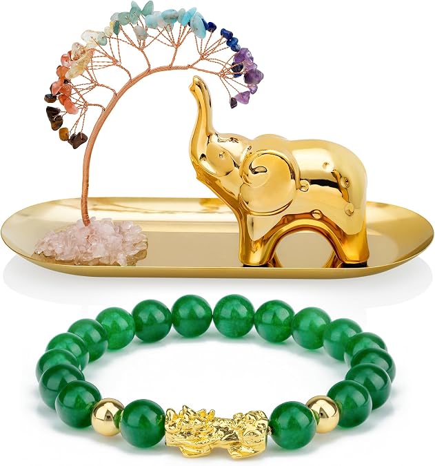 ZenBless Fengshui Porsperity Jade Bracelet Lucky Charm Feng Shui Black Obsidian Wealth Bracelet Gift 7 Chakra Healing Crystal Tree Ceramic Elephant Decor Elephant Gifts for Women