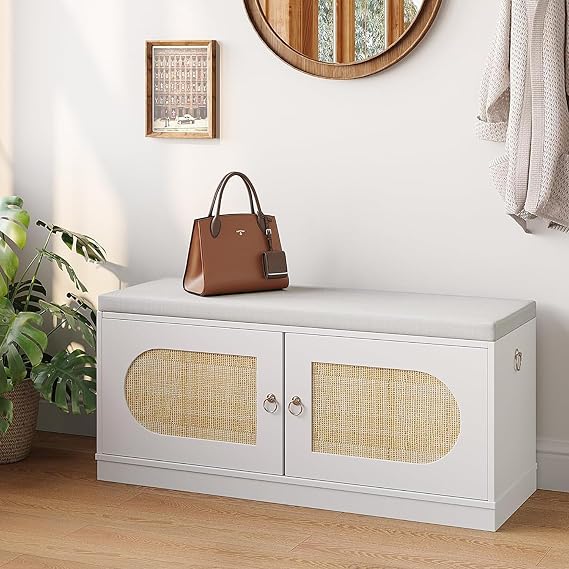 2-Tier Shoe Storage Bench, 100cm Hallway Bench with Cushion, 2 Doors Rattan | Entryway Bench with Handles, Adjustable Shelf for Living Room, Bedroom, Front Door, Closet