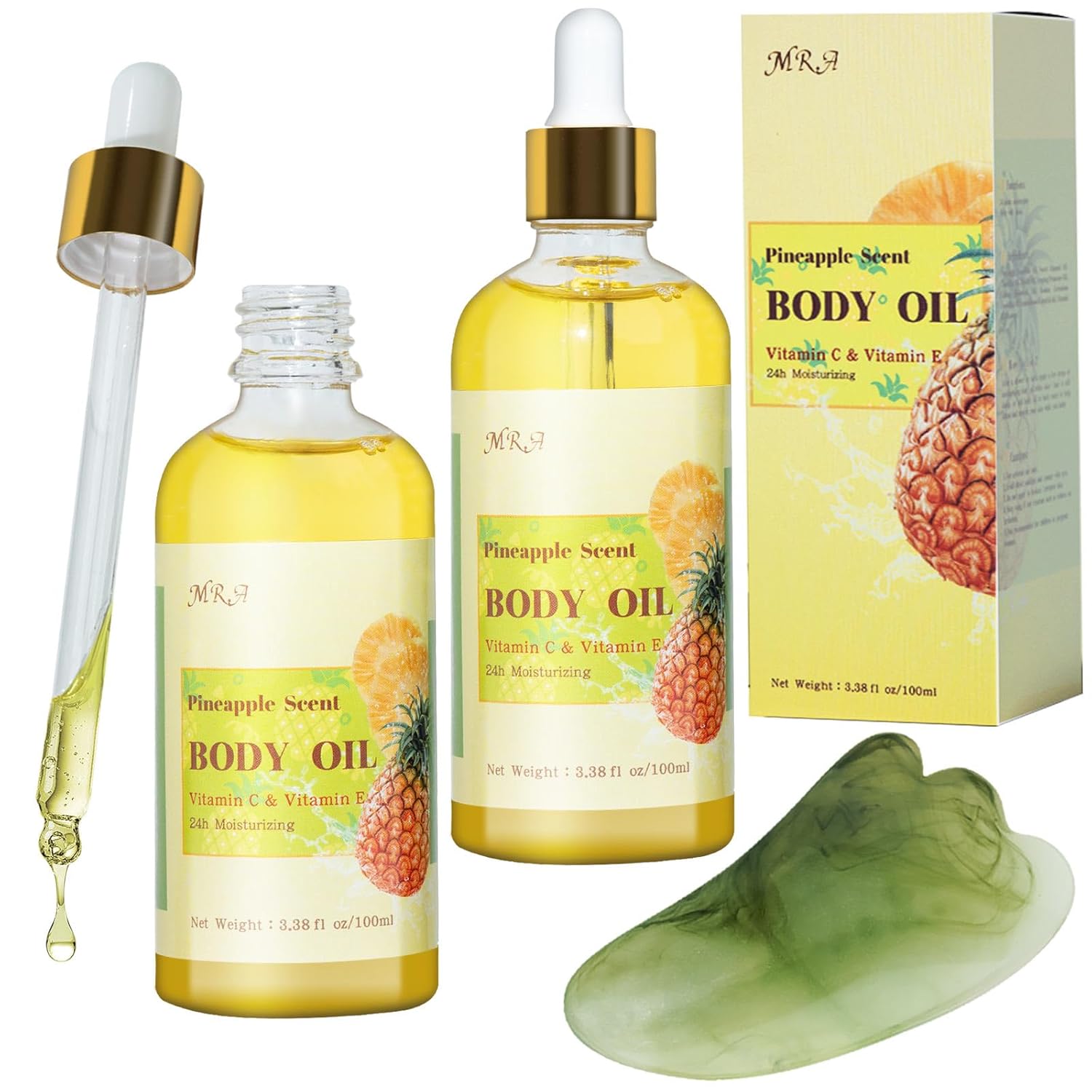 MR.A 2 Pack Pineapple Juice Scented Body Oil, Vitamin E Hydrating Body Oil, Pineapple GUASHA Oil after Shower for Dry Skin, Massage Oil with Guasha Tool