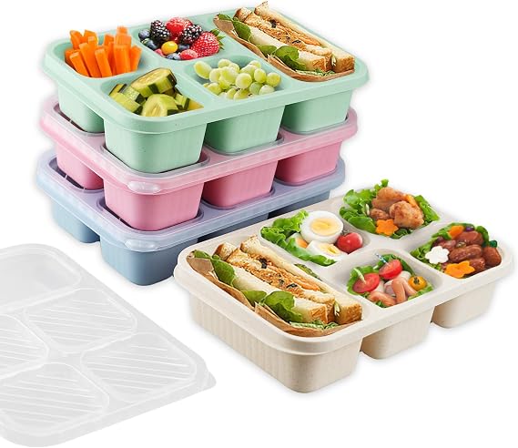 4 Pcs Snack Box with Compartments, 5-Compartment Bento Lunch Box Snack Boxes for Kids and Adults with Transparent Lid for School Work Travel Picnics (Beige/Blue/Pink/Green)