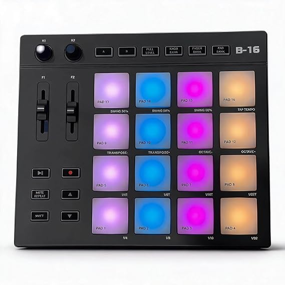 Professional MIDI Pad Controller, Beat Maker Machine with 16 Drum Pads & 2 Assignable Fader Knobs, RGB Portable Pad Drum Machine, for Beginner Music Production