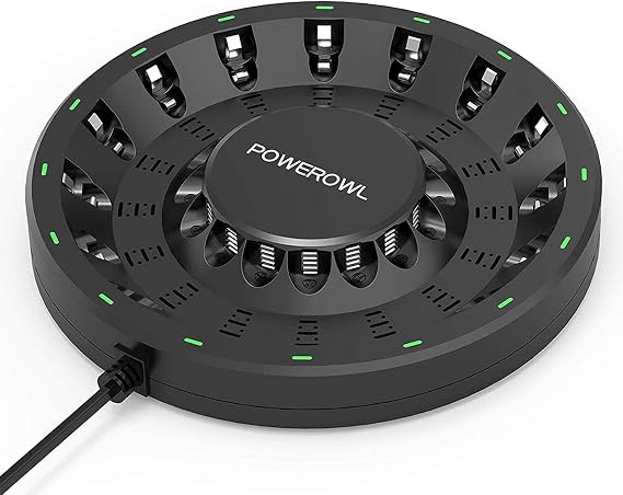 POWEROWL 16 Bay AA AAA Battery Charger Updated, High Speed Charging with Smart LED Light and Plug, for NIMH NICD Rechargeable Batteries and More