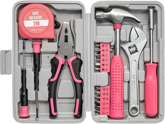 19PC Household Hand Tools Kit DIY Repair Toolbox Set with Storage Case Pink