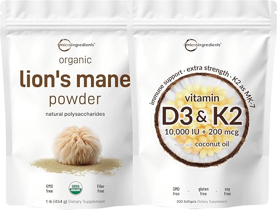Micro Ingredients Vitamin D3 10,000iu + K2 200mcg Coconut Oil Softgels & Lions Mane Mushroom Supplement Powder Bundle 2 Pack | Essential Sunshine Vitamins | Natural Superfood for Brain, Energy, Immu