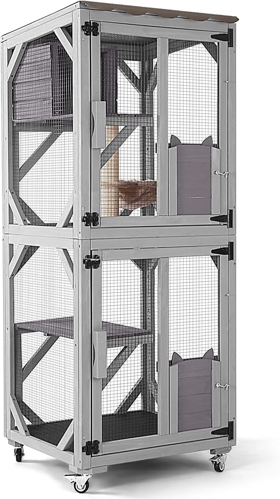 Catio Outdoor Cat Enclosure Window Waterproof Roof Cat Patio with Scratching Posts and Basket, Outdoor Catio House Easy Mobile with Brake Wheels Indoor 62.8"