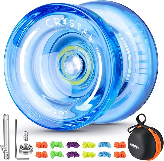 MAGICYOYO Professional Crystal Yoyo K2, Responsive Yoyo for Kids 8-12 | Plastic Finger Spin Trick Yo-yo with Unresponsive Bearing for Intermediate +12 Strings+Bearings Kit+Carry Bag (Crystal Blue)