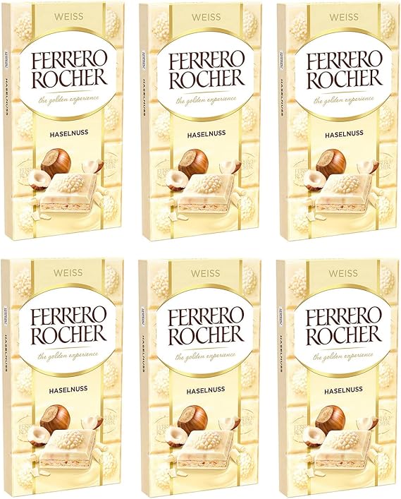 6 x Ferrero Rocher Hazelnut White Chocolate Bars with Hazelnuts Filled White Chocolate with Hazelnut Cream and Hazelnut Pieces, 6 Count, 100.0 g