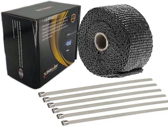 Xinhan 2"x15ft/2"x25ft/2"x50ft Roll Black-White Racing Fiberglass Exhaust Header Pipe Wrap Tape With Stainless Steel Zip Ties (2" x 15ft-Black)
