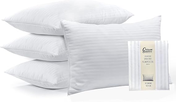 Pillow Protectors 4 Pack Microfiber Satin Stripe Anti-Allergy Zipped White