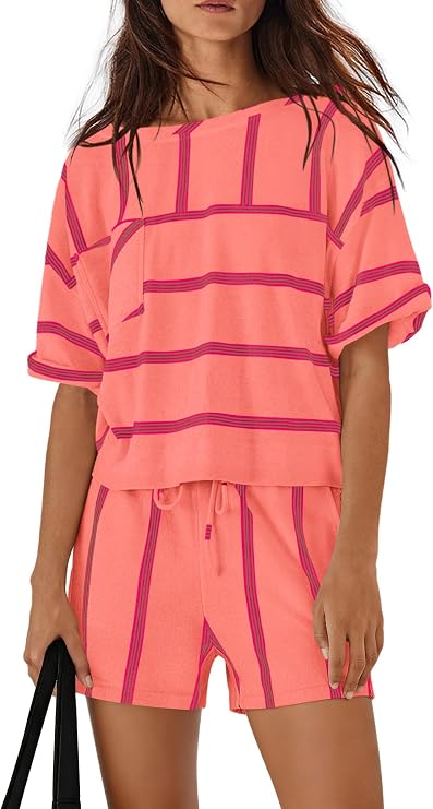 Yanekop Womens Striped Lounge Set 2 Piece Shorts Set Vacation Travel Outfit