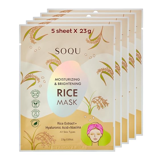 Moisturizing and Brightening Rice Mask - Hydrating and Radiance -Boosting Face Mask with Rice Extract -23g x 5EA - Made in Korea