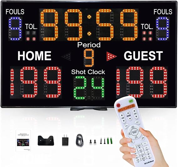 Basketball Scoreboard with 24 Second Shot Clock, Portable Electronic Digital Scoreboard with Remote, Wall-Mounted & Tabletop Score Keeper for Indoor Sports, Plug in & Battery Powered