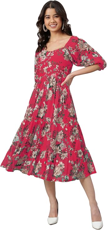 Janasya Women's Georgette Pink Floral Print Casual Wear Summer Dress for Women