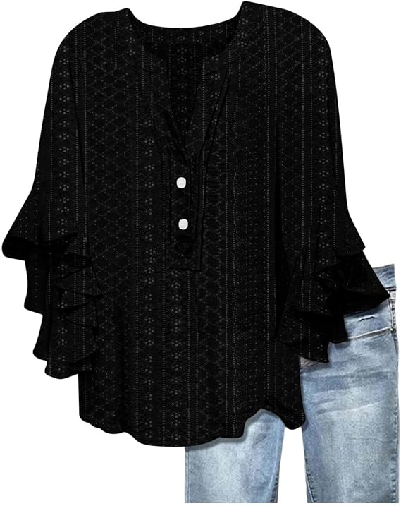 Women's 3/4 Sleeve Tops Eyelet Dressy Casual V Neck Blouses T Shirts Flowy Shirts Ruffles Hem Trendy Elegant Blouse