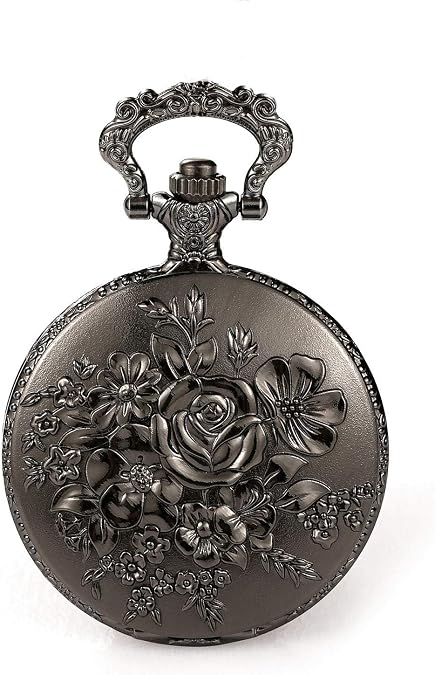 BOSHIYA Retro Flower Openwork Cover Quartz Pocket Watch with Chain Half Hunter Pocket Watches for Women with Box, for Mother's Day