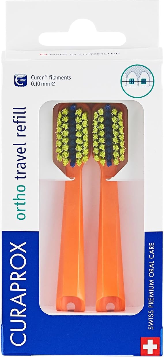 Curaprox CS 5460 Ortho Travel Toothbrush Heads for Braces Care | Ultra Soft Cleaning | Orange | 2-Piece
