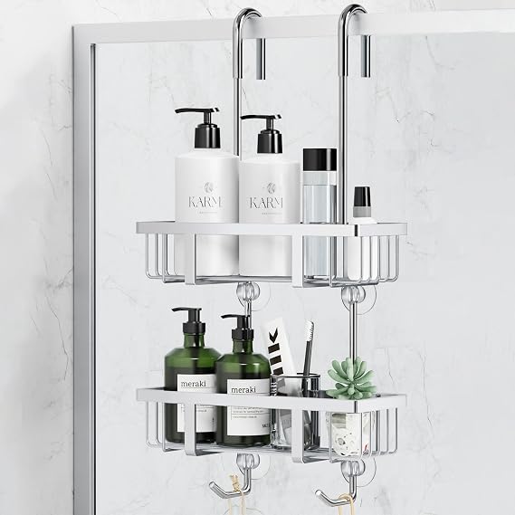 Shower Caddy Hanging 2 Tier Shower Storage Over Door Shower Rack Silver | 2 Tier Stainless Steel, No-Drilling, Easy Installation Shower Basket Chrome Silver