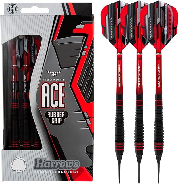 Harrows Ace Rubber Brass Soft Tip Darts Set - 16g or 18g - Includes Supergrip Shafts, Micron Marathon Flights & Convenient Travel Case (Weight 18g Set)