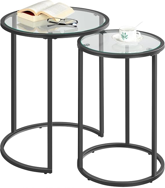 Yaheetech Round Nesting Side Tables Set of 2 with Tempered Glass Top, Black