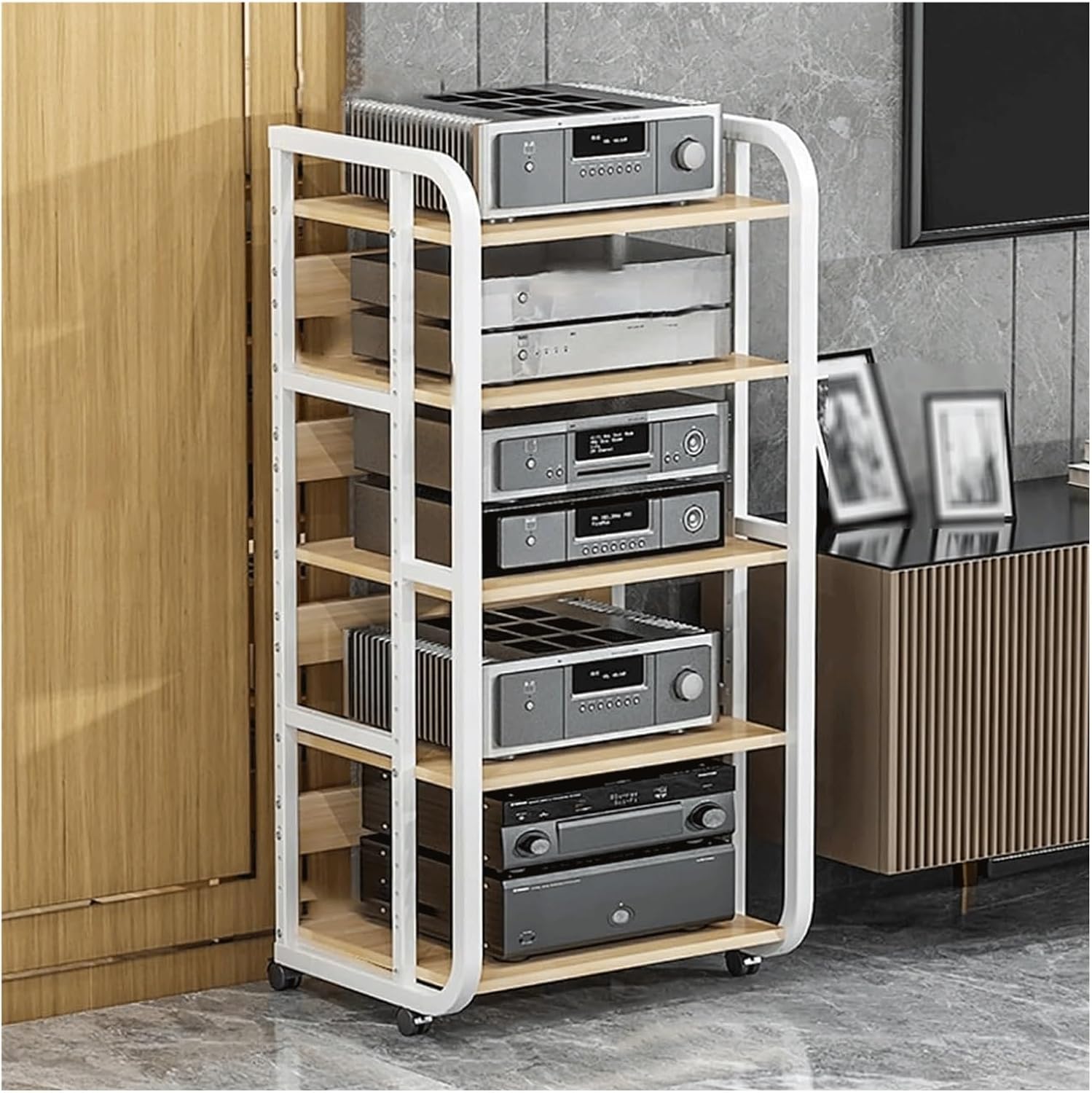 3/4/5 Tier Audio Tower Rack AV Media Player Stand,Audio Video Media Stand Stereo Stand with Wheels Metal Rack Audio-Video Shelving(Wei�,5 Tier)