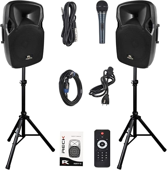 RECK Party 12 12-Inch 1000 Watts 2-Way Powered PA Speaker System Combo Set with Bluetooth/USB/SD Card Reader/FM Radio/Remote Control/Speaker Stand