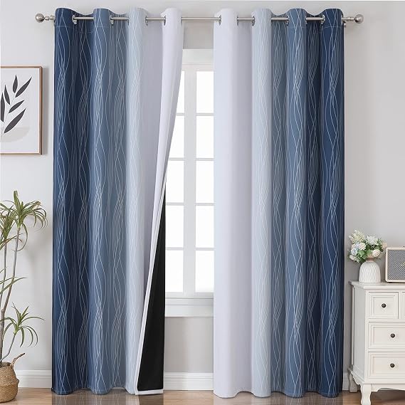 Navy Blue and Greyish White Blackout Curtains for Living Room 84 Inch Long