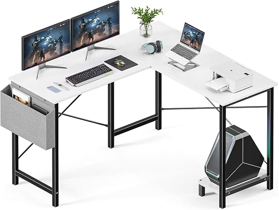 90 Degree Gaming Desk Computer Table Corner Home Office Small Spaces 50 Inch PC Study Desk for Gaming Writing Work Reversible Gamer Desk with CPU Stand Side Storage Bag White