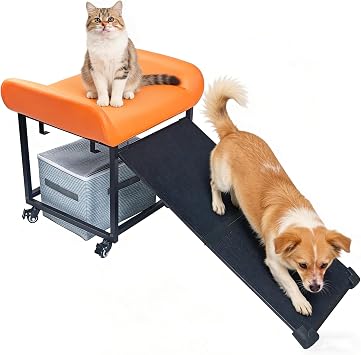 Anti-Slip pet Dog seat with Slope Belt and Storage Drawers, Comfortable Dog Staircase, Metal Frame Chair, Washable seat Cushion pet Steps