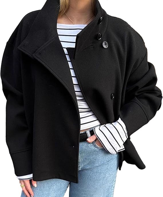 SEMATOMALA Women's Cropped Pea Coats Oversized Wool Blend Short Jackets Stand Collar Fall Winter Outerwear