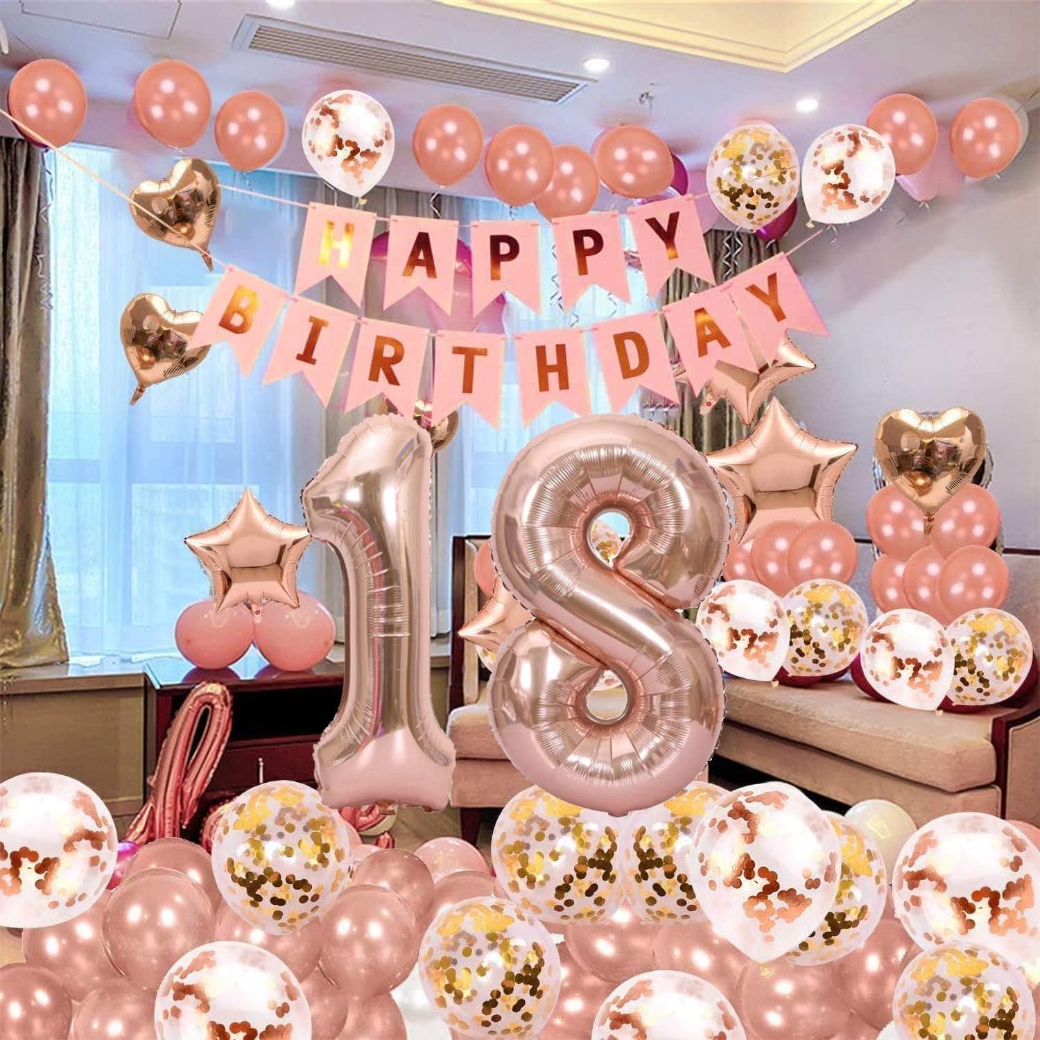 18th Birthday Decorations for Girls, Happy Birthday Banner, Rose Gold Fringe Curtain, Heart Star Foil Confetti Balloons, Hanging Swirls for Girl 18 Rosegold Birthday Party Supplies