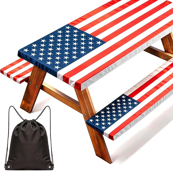 NUOLAN 6FT Picnic Table Cover with Bench Covers, American Flag Waterproof Windproof Fitted Tablecloth with Elastic, Patriotic 4th of July 250th Anniversary Outdoor Camping Table Decor, 72x30 Inch