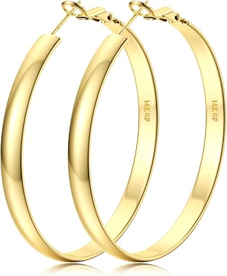 BESTEEL 14K Gold Filled Hoop Earrings for Women, 5mm Wide Large Flat Gold Hoop Earrings, Hypoallergenic Lightweight Oversized Big Hoop Earrings Gold