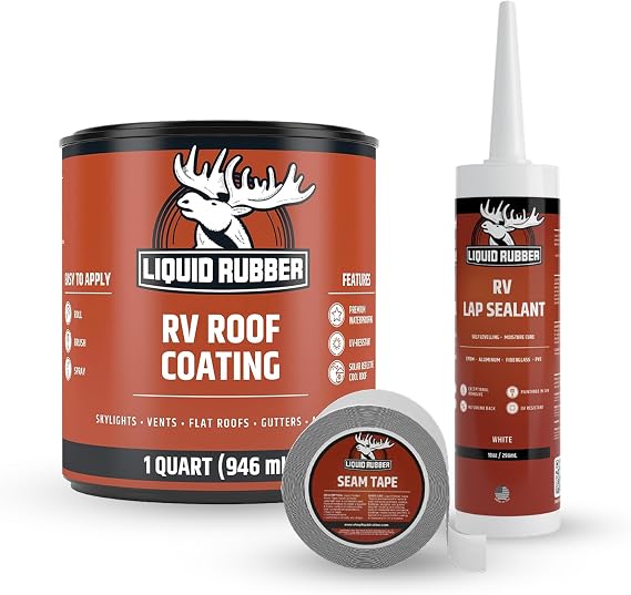 Liquid Rubber RV Roof Coating - Solar Reflective Sealant Bundle - 1qt Sealer, 2inx50ft Seam Tape, 1 Tube of Caulk