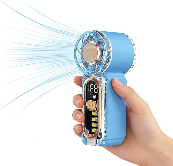 Mini Handheld Portable Fan with LED Light, Small Lightweight Personal Cooling Fan, USB-C Rechargeable Makeup Fan with Emergency Flashlight for Travel & Outdoor (Blue)