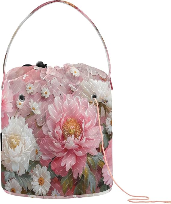 YETTASBIN Peony Flower Yarn Storage Bag, Large Crochet Knitting Bag Organizer Portable Drawstring Tote for Crocheting Projects, Hold Skeins Balls, Yarn Needles Accessories - Gift for Knitters