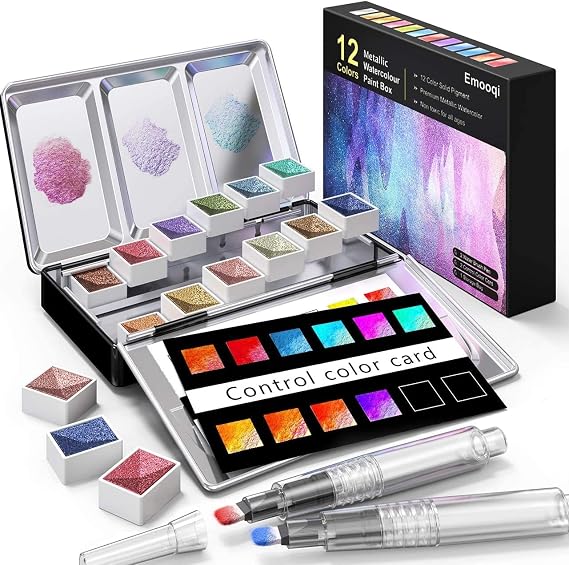 Emooqi Watercolor Paints Set, 12 Colors Metallic Glitter Watercolor Paint