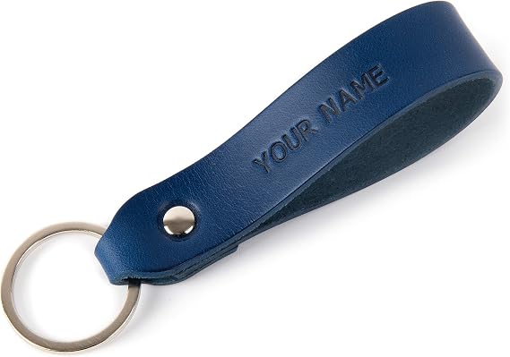 Blue leather key chain, personalized custom drop shape ring