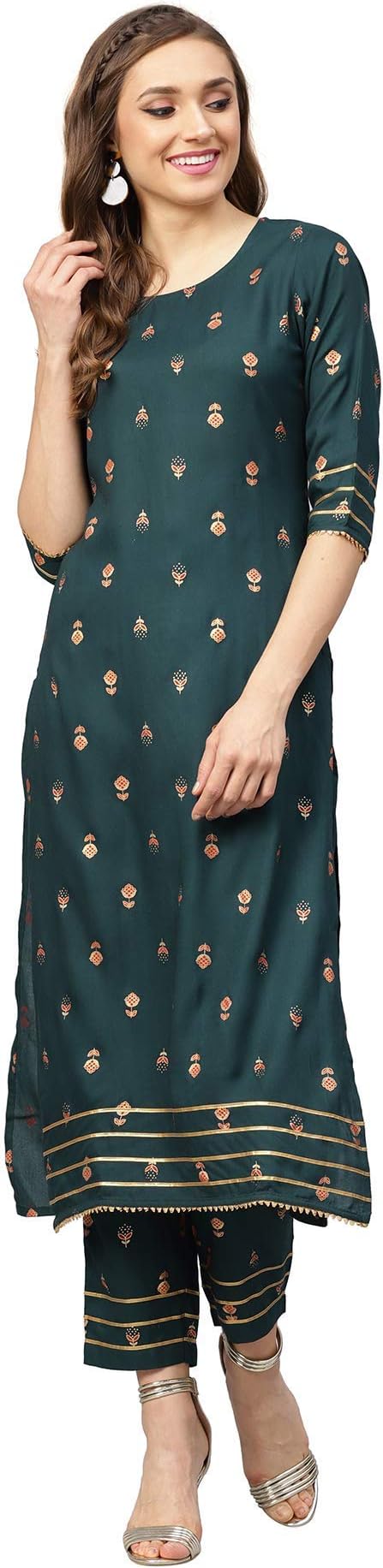Idalia Women's Navy Blue Gold Print Rayon Kurta with Pants (Navy Blue, L)