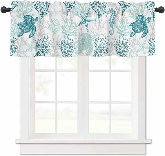 Turquoise Coastal Valances for Windows, Summer Beach Kitchen Curtains Window Treatment Nautical Decor, Sea Turtle Coral Ocean Rod Pocket Short Window Valances for Living Room/Bedroom, 54"x18"