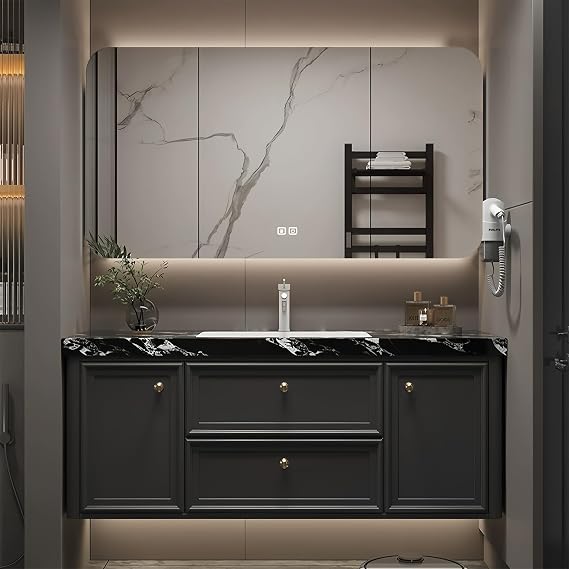 Modern Bathroom Vanity with Sink, Floating Bathroom Vanity Set Include Smart Defog Mirror Cabinet with LED Light, Solid Wood Bath Sink Cabinet, Marble-Textured Countertop,Wall Mount(Black,48")