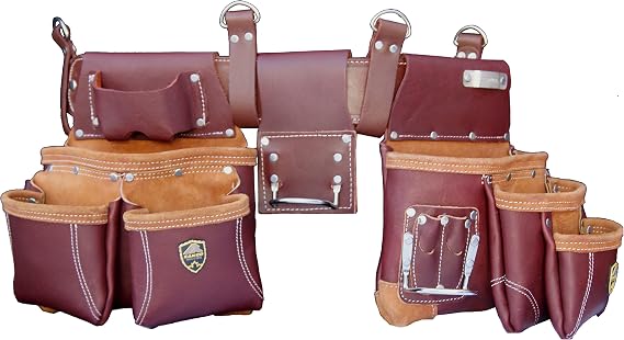 PRO-21 Genuine Full Grain Leather Heavy Duty Multi Pockets Construction Rig, Carpenters Tool Belt, 2 Leather Pouches Belt Framers, Handyman, Roofers,Tool Belt & Tool Organizer, Best Tool Apron