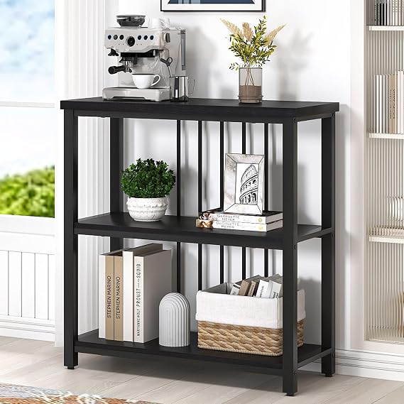 FOLUBAN Bookshelf, Modern 3 Tier Bookcase, Wood and Metal Book Shelves for Living Room Office Bedroom, Rustic Black Oak