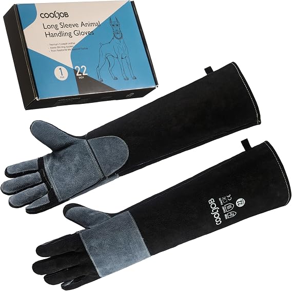 COOLJOB Bite Proof Animal Handling Gloves, Cowhide Leather with Kevlar Stitching for Cat Grooming, Dog Training, 16/22