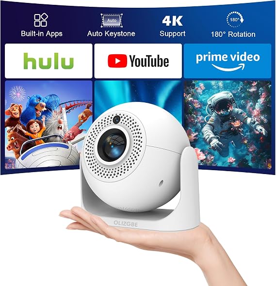 Built-in AppsMini Projector with WiFi and Bluetooth, Portable Outdoor Movie Projector 4K Support, 5W Speaker, Auto Keystone, 180 Rotation, Compatible with Smartphone, TV Stick, Laptop, HDMI, USB